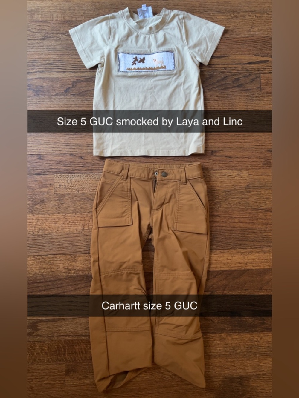 Carhartt Kids Brown Work Pants & Cream Short Sleeve Smocked Hunting Shirt, 5